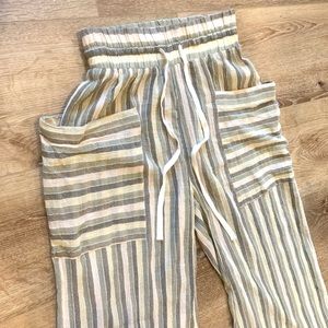 Free People High Rise Wide Leg Bohemian Green and White striped pants w pockets